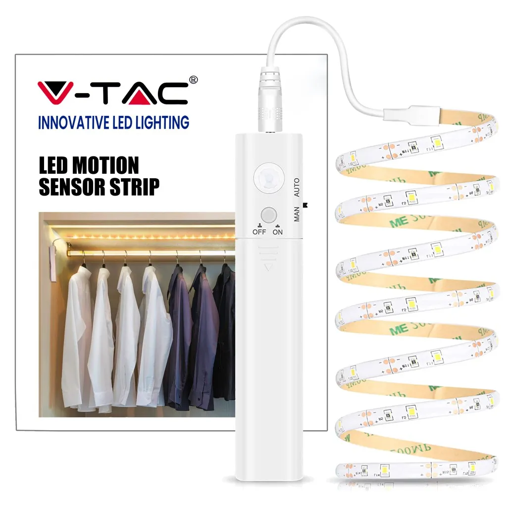 V-TAC Strip LED SMD2835 24W 1m 30 LED/m 6V a Batteria con Sensore di movimento 3000K IP65