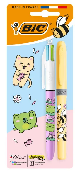 Confezione Bic 4 Colours Decors Kawaii con 1 penna a sfera retrattile pastello + 1 evidenziatore con impugnatura pastello (colore casuale) - Punta media da 10 mm - Inchiostro a base d'olio - Corpo decorato in stile Kawaii - Colori assortiti