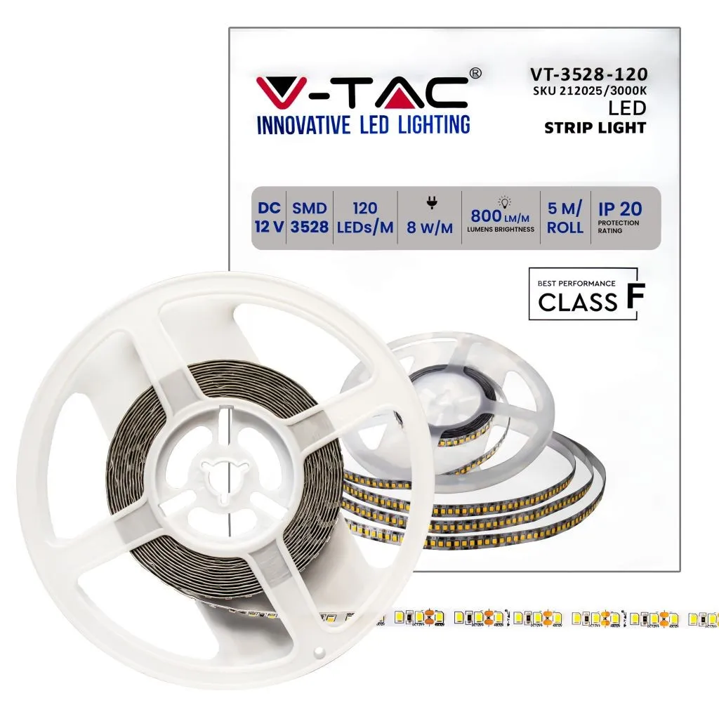 V-TAC Strip LED SMD3528 8W/m 5m 120 LED/m 12V 3000K IP20 8mm