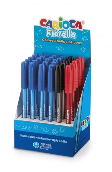 Espositore da 30 penne Carioca Fiorella - Punta a sfera da 1 mm - Corpo trasparente fluorescente - Scrittura brillante e colorata - Colori assortiti