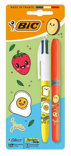 Confezione Bic 4 Colours Decors Kawaii con 1 penna a sfera retrattile + 1 evidenziatore fluorescente con impugnatura (colore casuale) - Punta media da 10 mm - Inchiostro a base d'olio - Corpo decorato in stile Kawaii - Colori assortiti
