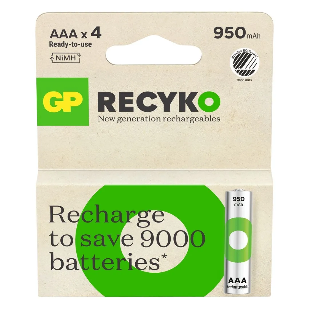 Recyko Batteria Ricaricabile 1.2V Mini Stilo Aaa 950Mah (Confezione 4 Pezzi)