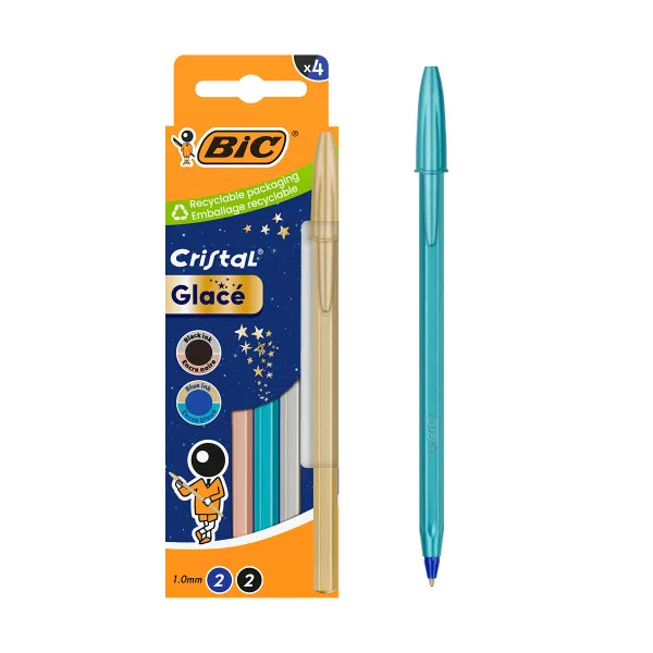 Confezione Bic Cristal Glace con 4 penne a sfera - Corpo opaco in colori metallici opachi - Punta tonda da 1 mm - Tratto da 04 mm - Inchiostro a base d'olio - Colori dell'inchiostro: blu e nero
