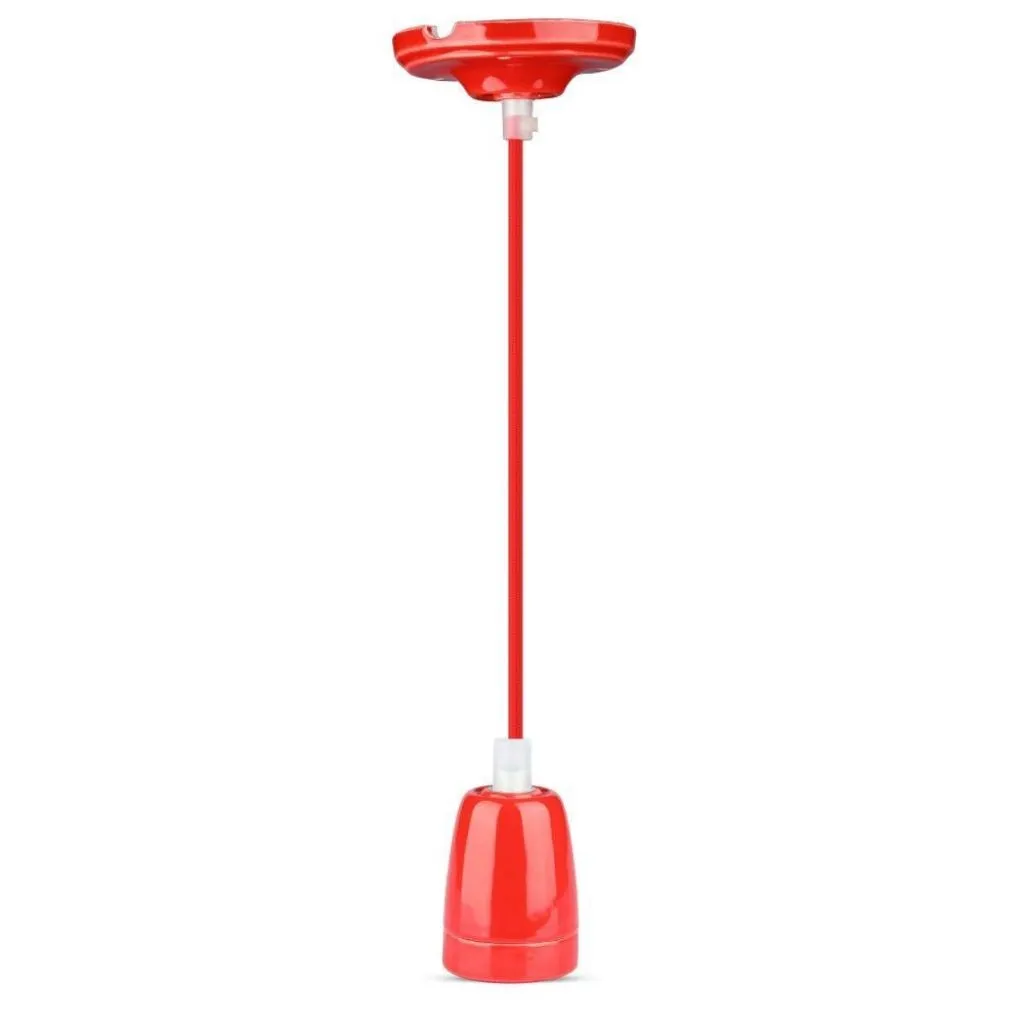 V-TAC Portalampada in Porcellana E27 (Max 60W) Colore Rosso e Cavo in Corda