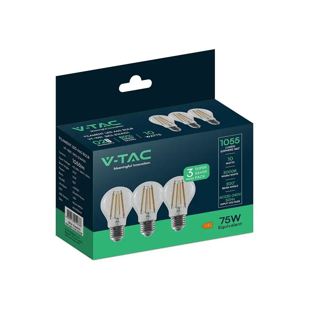 10W A60 Led Filament Bulb 3000K E27 3Pcs