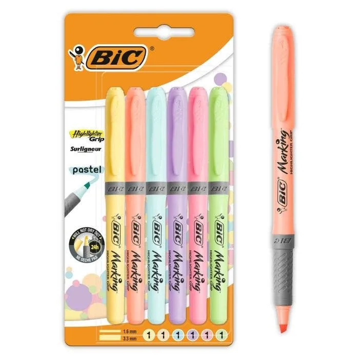 Bic Highlighter Grip Confezione da 6 pennarelli pastello fluorescenti - Inchiostro a base d acqua - Punta a scalpello - Tratto tra 160 e 330 mm - Colori assortiti