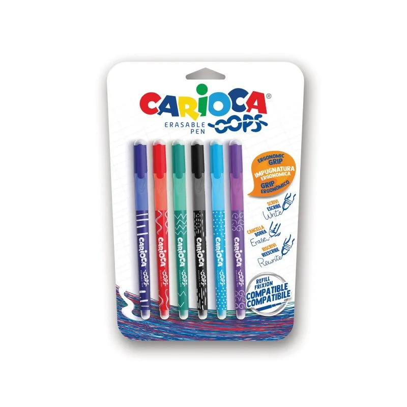 Confezione da 6 penne cancellabili Carioca Oops - Inchiostro termosensibile - Impugnatura triangolare ergonomica - Punta da 07 mm - Doppia gomma - Ricariche compatibili - Colori assortiti