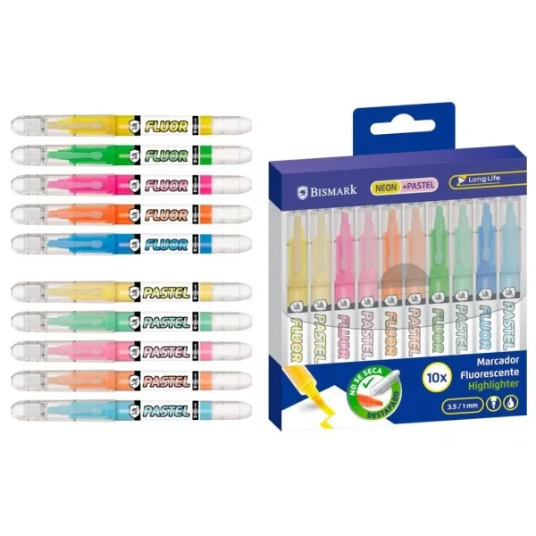 Confezione da 10 pennarelli fluorescenti Bismark a lunga durata - 5 neon e 5 pastello - Inchiostro liquido - Punta a scalpello - Ideali per sottolineare ed evidenziare - Colori assortiti