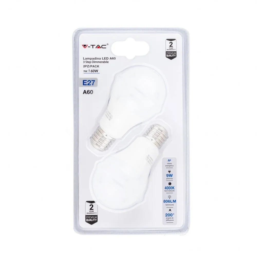 V-TAC Lampadina LED E27 9W A60 3 Step Dimmerabile 4000K (Blister 2 Pezzi)
