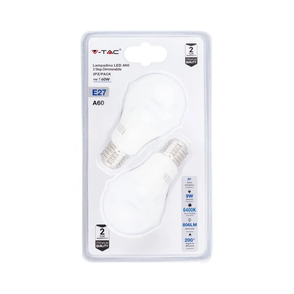 V-TAC Lampadina LED E27 9W A60 3 Step Dimmerabile 6400K (Blister 2 Pezzi)
