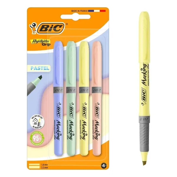 Set di 4 evidenziatori Bic con punta a scalpello colori pastello fluorescenti - Tratto da 160 a 330 mm - Impugnatura testurizzata - Colori assortiti