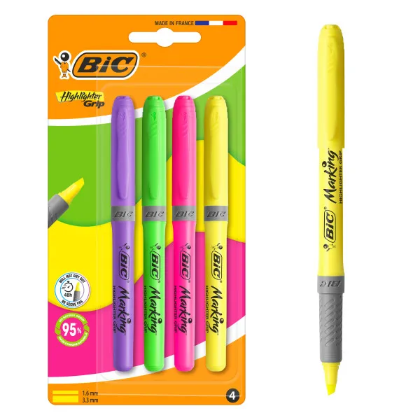 Set di 4 evidenziatori Bic con punta a scalpello fluorescenti - Tratto da 160 a 330 mm - Impugnatura testurizzata - Colori assortiti