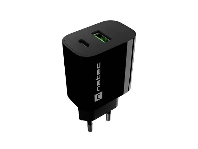 Caricabatterie da parete Natec Ribera 20W - 1xUSB-A + 1xUSB-C - Ricarica rapida - Ricarica 2 dispositivi contemporaneamente - Nero