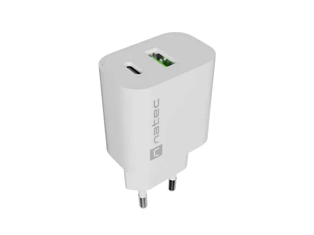Caricabatterie da parete Natec Ribera 20W - 1xUSB-A + 1xUSB-C - Ricarica rapida - Ricarica 2 dispositivi contemporaneamente - Bianco
