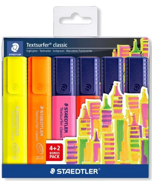 Pennarelli fluorescenti Staedtler Textsurfer Classic 364 confezione da 6 pezzi - Asciugatura rapida - Tratto da 1 a 5 mm circa - Colori assortiti