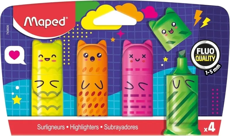 Set di 4 mini pennarelli fluorescenti al neon Maped Kawaii - Divertenti disegni Kawaii - Tratto da 1 a 5 mm - Ideali per sottolineare ed evidenziare - Colori assortiti