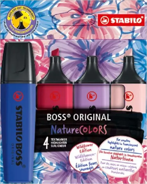 Stabilo Boss Naturecolors Wildflower Edition Confezione da 4 pennarelli - Larghezza del tratto tra 2 e 5 mm - Inchiostro a base d'acqua - Colori: blu navy cipria lilla grigiastro e rosso bordeaux