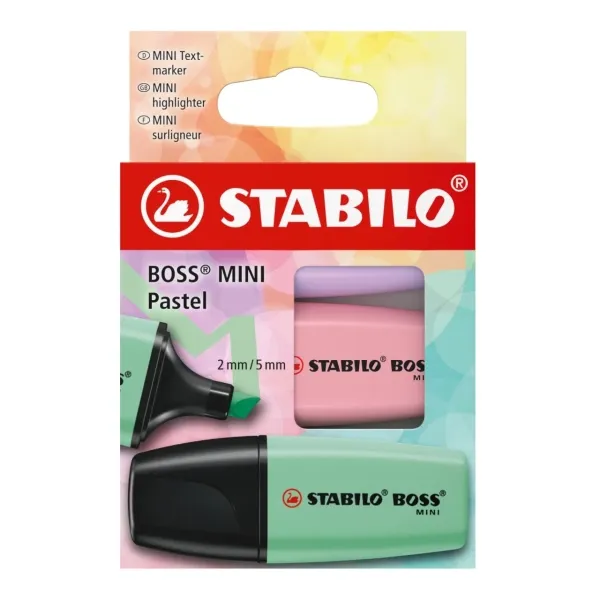 Stabilo Boss Mini Pastel Confezione da 3 pennarelli fluorescenti - Tratto da 2 a 5 mm - Inchiostro a base d'acqua - Anti-essiccazione - Colori verde rosa e viola