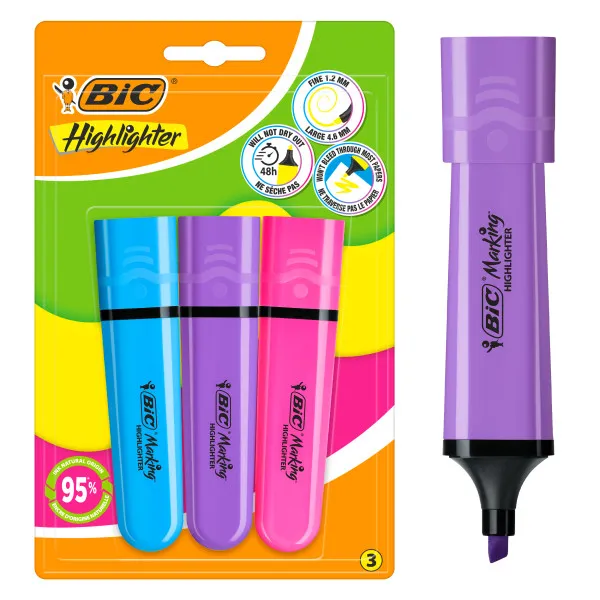 Evidenziatori Bic confezione piatta da 3 pennarelli fluorescenti - Punta a scalpello - Tratto da 120 a 460 mm - Inchiostro a base d'acqua - Colori assortiti
