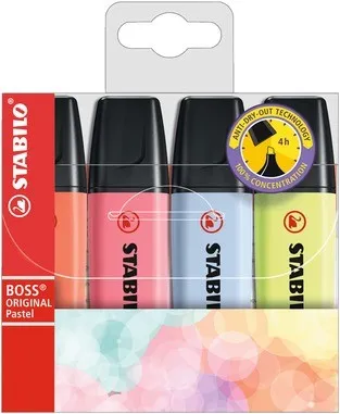 STABILO Evidenziatore - BOSS ORIGINAL Pastel - Astuccio da 4 - Rosso Corallo Fior di Ciliegio Azzurro Nuvola Lime
