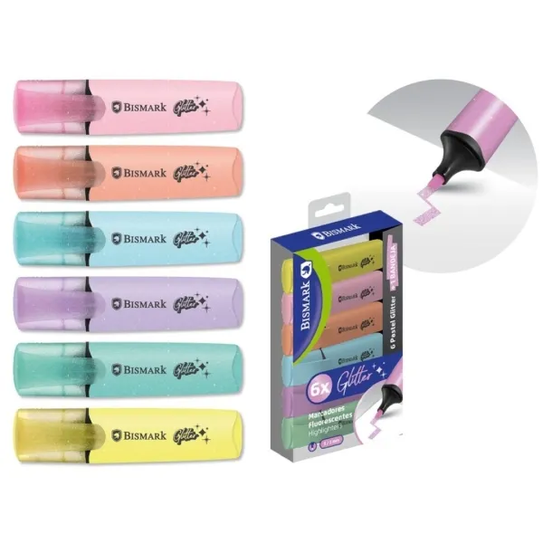 Confezione da 6 pennarelli fluorescenti glitterati pastello Bismark - Inchiostro ad asciugatura rapida - Punta a scalpello - Ideali per sottolineare ed evidenziare - Design ergonomico