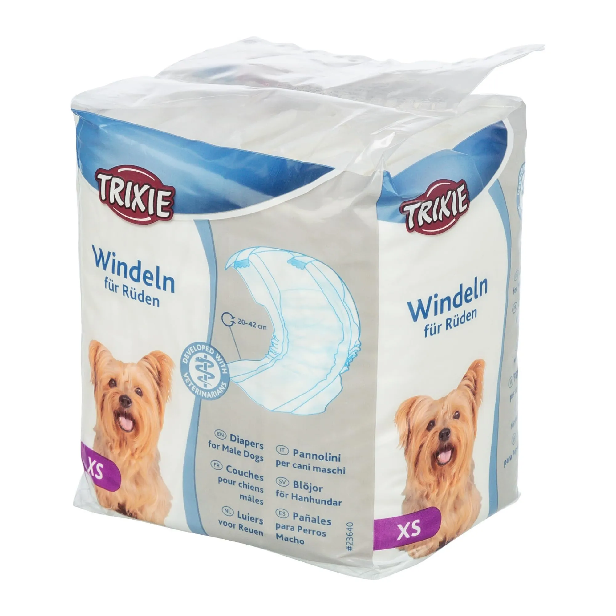 Trixie Pannolini per Cani Maschi, Taglia XS, Circonferenza Vita 20-42 cm, 12 Pezzi, Igiene per Incontinenza, Fascia Elastica e Chiusure Adesive, Imbottitura in Pile Sssorbente, 23640