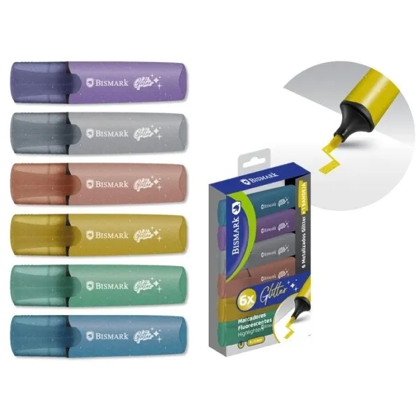 Confezione da 6 pennarelli fluorescenti metallizzati glitterati Bismark - Inchiostro ad asciugatura rapida - Punta a scalpello - Ideali per sottolineare ed evidenziare - Design ergonomico