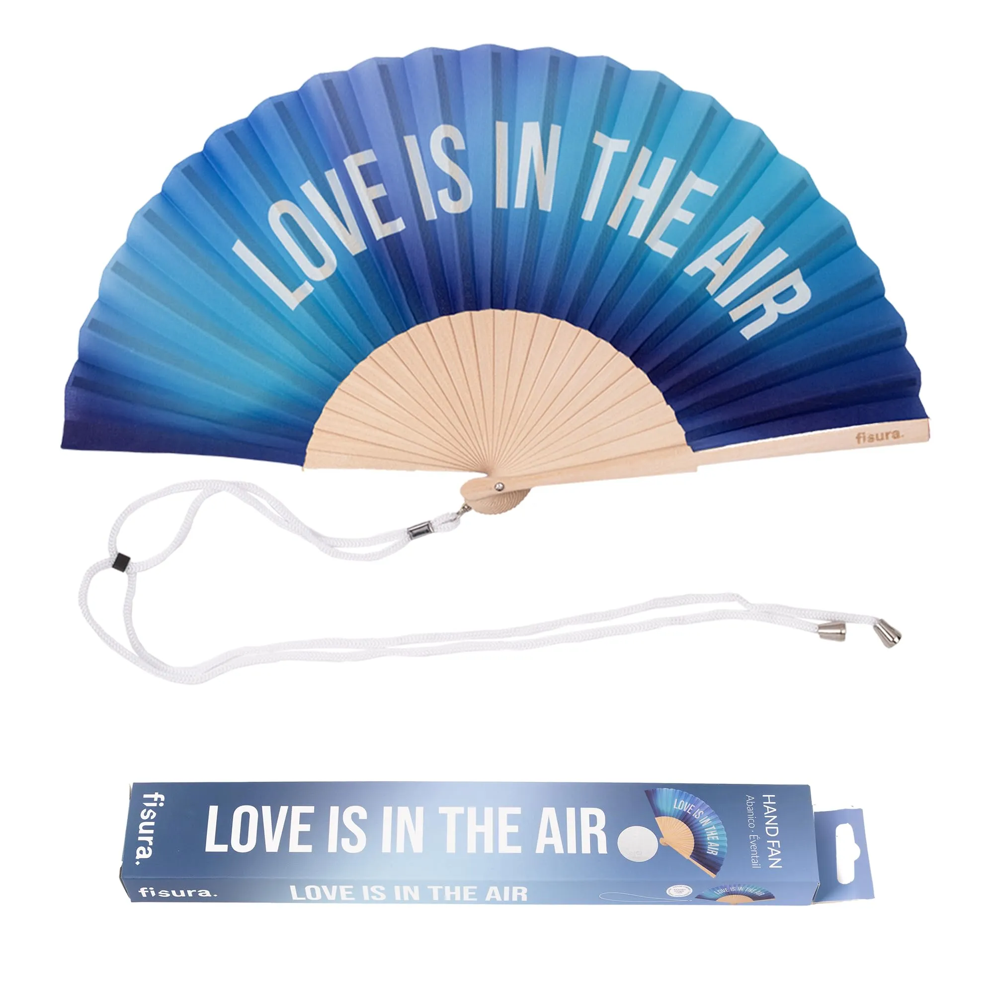 Fisura – Ventaglio in legno per matrimoni con messaggio “love is in the air”. Ventaglio portatile sfumato blu, accessorio elegante con gancio incluso. Dimensioni: 42,5 x 23 cm