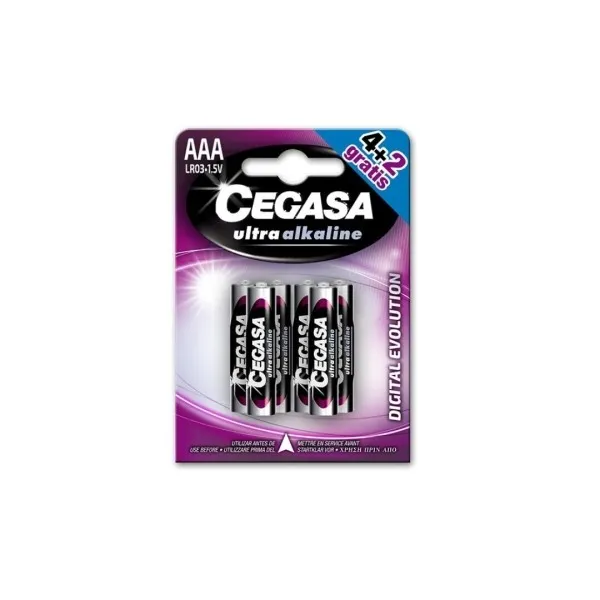 Cegasa Ultra AConfezione da 6 batterie alcaline Cegasa Ultra LR03 AAA - Alta tecnologia - Maggiore capacità potenza e prestazionilcaline Pack de 6 Pilas LR03 AAA - Alta Tecnologia - Mas Capacidad Potencia y Rendimiento