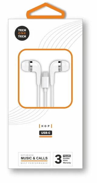 TechOneTech ear Tech Hop Cuffie intrauricolari USB-C - Microfono integrato - Cavo da 120 m - Bianco