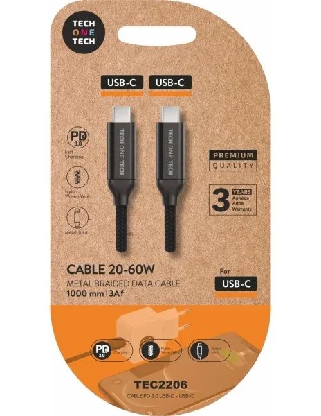 Cavo TechOneTech da USB-C maschio a USB-C maschio 1 m - Rivestimento in nylon intrecciato nero