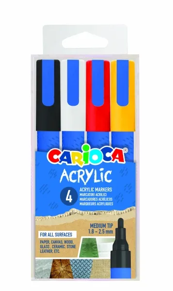 Carioca Acrylic Confezione da 4 pennarelli acrilici - Punta rotonda media 18-25 mm - Inchiostro a base d'acqua - Alta copertura - Colori assortiti