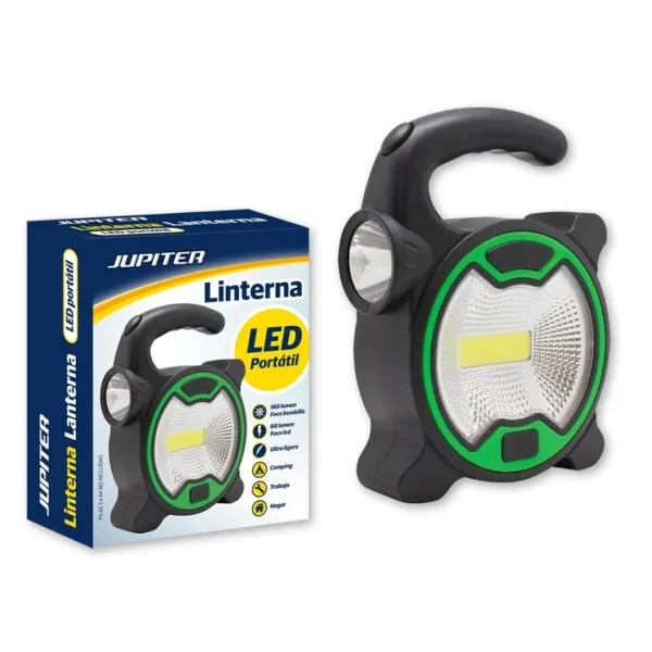 Torcia elettrica Jupiter COB+1 LED - Faretto con lampadina da 160 lm faretto LED da 60 lm - Funziona con 3 batterie AA (non incluse) - Nero/Verde