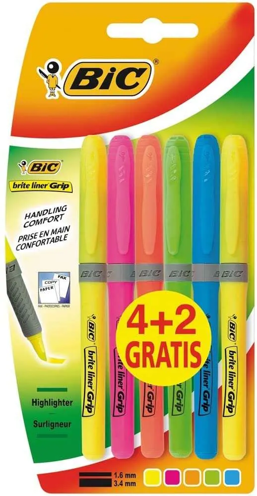 Bic Brit Liner Grip 4+2 Confezione da 6 pennarelli fluorescenti - Inchiostro a base d'acqua - Punta a scalpello - Dimensioni del tratto tra 160 e 330 mm - Colori assortiti