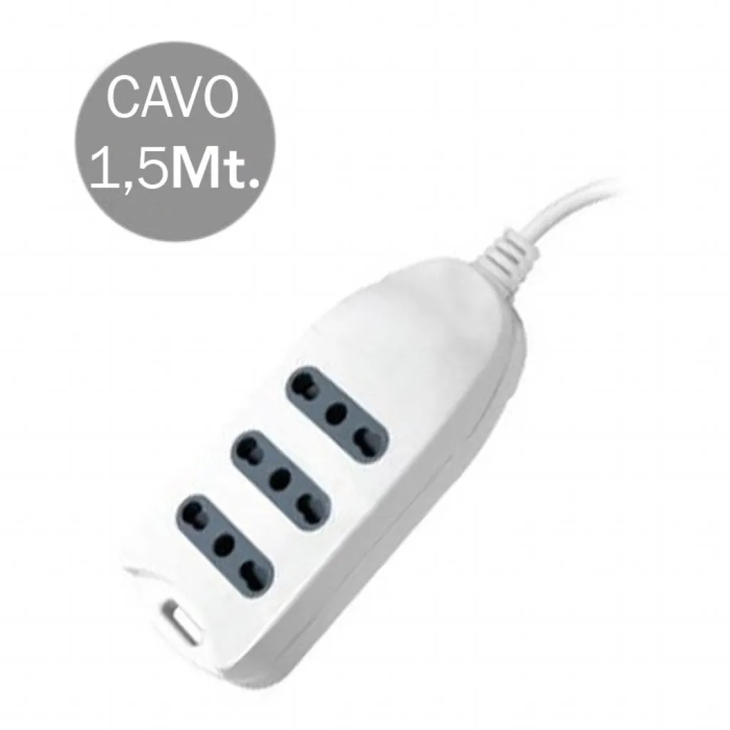 V-TAC Multipresa con Cavo 15m 3 Prese 10/16A 2P+T Bipasso con Attacco a Parete con Spina 16A 2P+T Colore Bianco