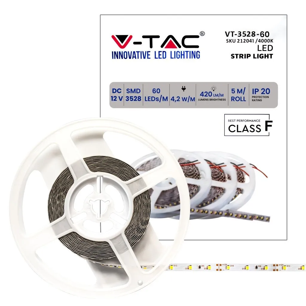 V-TAC Strip LED SMD3528 42W/m 5m 60 LED/m 12V 4000K IP20 8mm