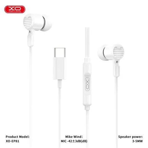 Cuffie auricolari XO EP81 con microfono - Connessione USB-C - Cavo da 120 m - Colore bianco