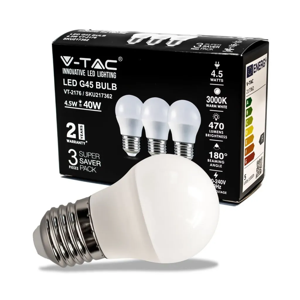V-TAC Lampadina LED E27 45W G45 3000K (Box 3 pezzi)