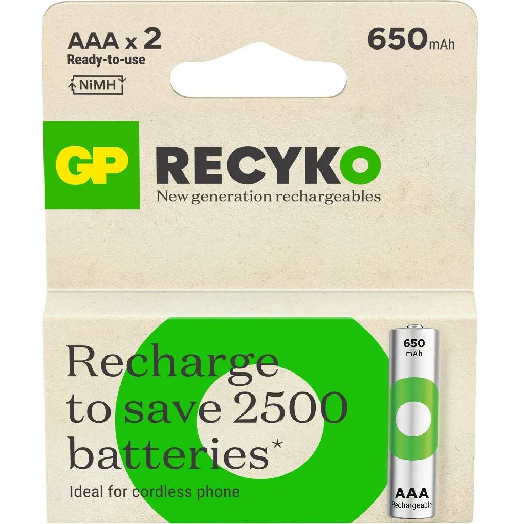 GP Battery Recyko Batteria Ricaricabile 15V Mini Stilo AAA 650mAh (Confezione 2 Pezzi)