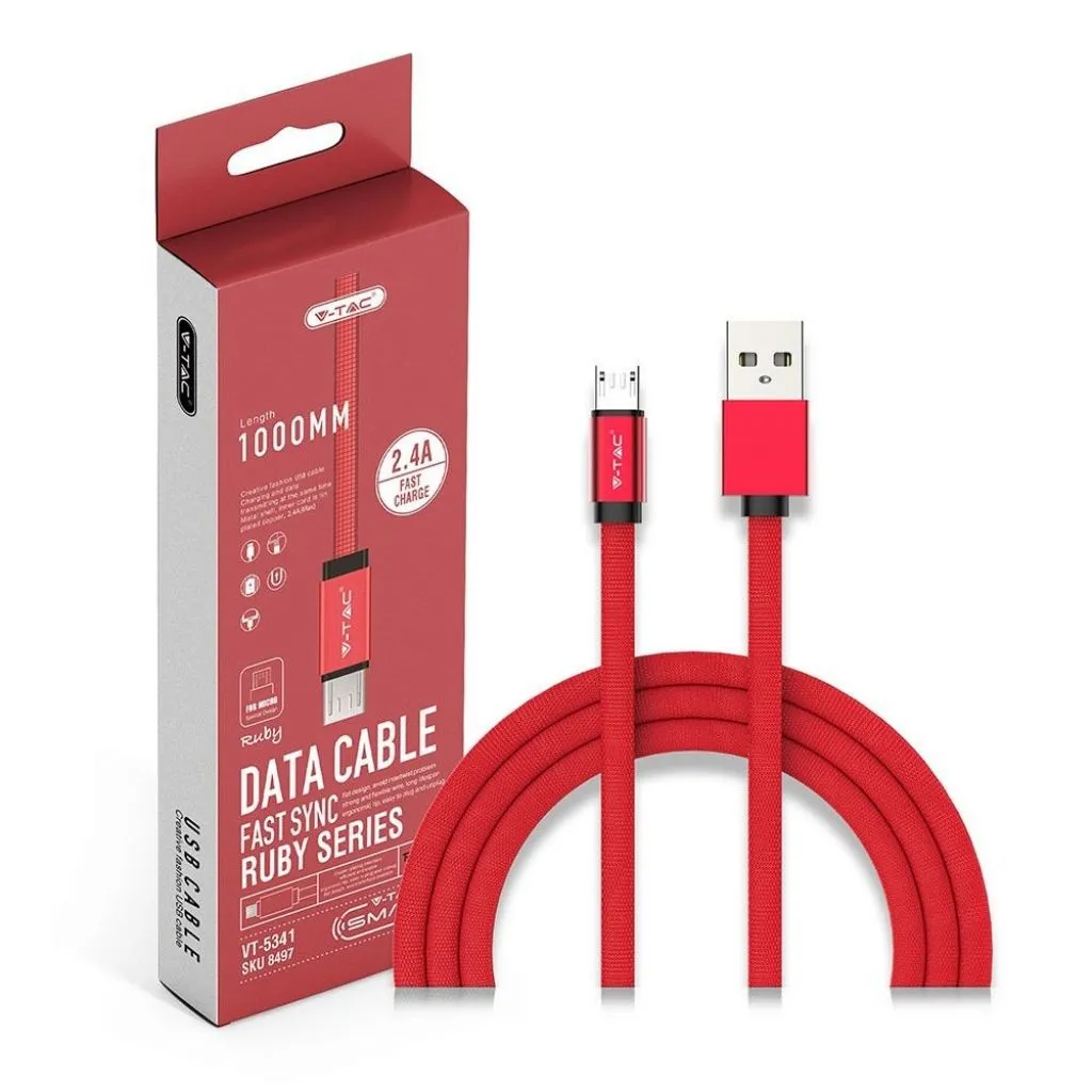 V-TAC Cavo da Micro-USB a USB-A 1m Ricarica Rapida 2.4A Ruby Series Cavo Antigroviglio in Corda Colore Rosso