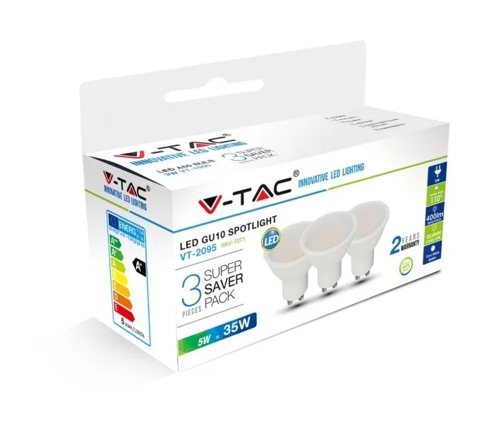 V-TAC VT-2095 Confezione 3 faretti LED GU10 5W - Bianco freddo 6400K - SKU 7271