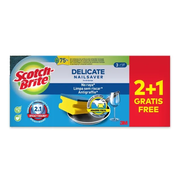 Scotch-Brite Delicate - Confezione da 3 pagliette da cucina - Protezione per le dita - Acquista 2 e ricevi 1 gratis - Antigraffio - Giallo