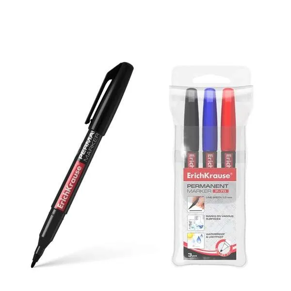 Erichkrause Confezione da 3 pennarelli permanenti P-70 - Punta tonda da 10 mm - Resistenti all'acqua e alla luce - Nero Blu Rosso (busta da 3 pezzi)