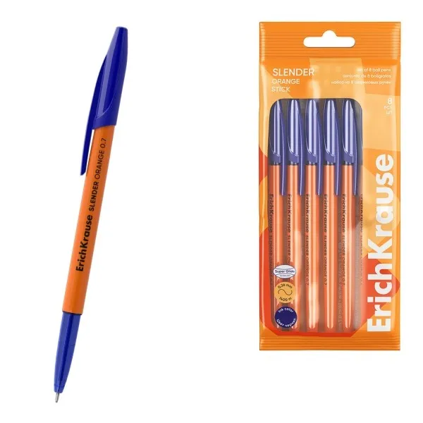 Pennarelli ErichKrause Slender Stick Orange confezione da 8 con cappuccio - Punta ad ago da 07 mm - Fusto arancione opaco - Tratto da 026 mm - Inchiostro a bassa viscosità - Cappuccio ventilato - Blu
