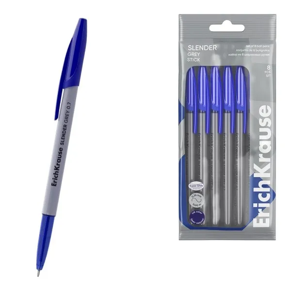 Pennarelli ErichKrause Slender Stick grigi confezione da 8 con cappuccio - Punta ad ago da 07 mm - Fusto grigio opaco - Tratto da 026 mm - Inchiostro a bassa viscosità - Cappuccio ventilato - Blu