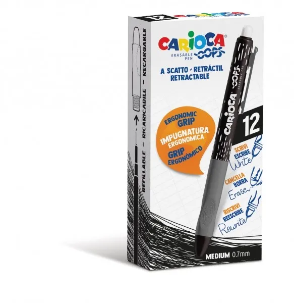 Penna cancellabile Carioca Oops - Inchiostro nero termosensibile - Impugnatura ergonomica triangolare - Punta Ø 07mm - 1 pezzo