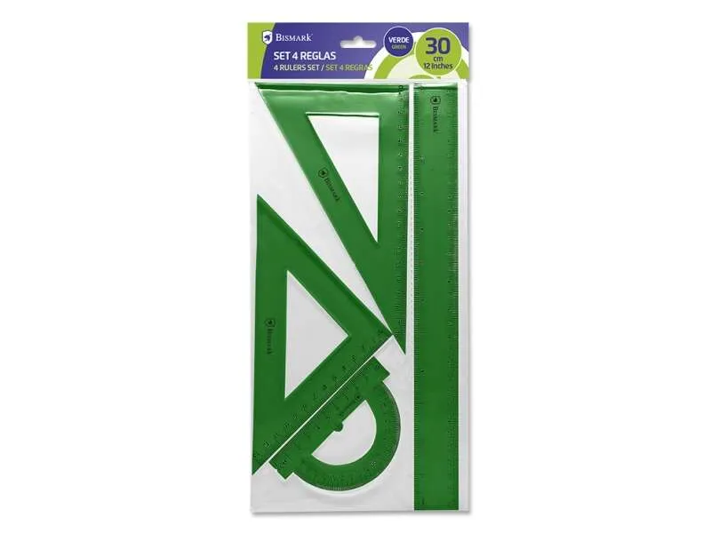 Confezione Bismark di righelli di alta qualità - Include righello da 30 cm - Quadrato da 14 cm - Quadrato da 20 cm - Goniometro da 13 cm - Ideale per la scuola - Presentazione in sacchetto trasparente - Colore verde