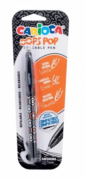 Penna cancellabile Carioca Oops - Inchiostro termosensibile - Impugnatura testurizzata - Punta da 07 mm - Doppia gomma - Ricariche compatibili - Colore nero