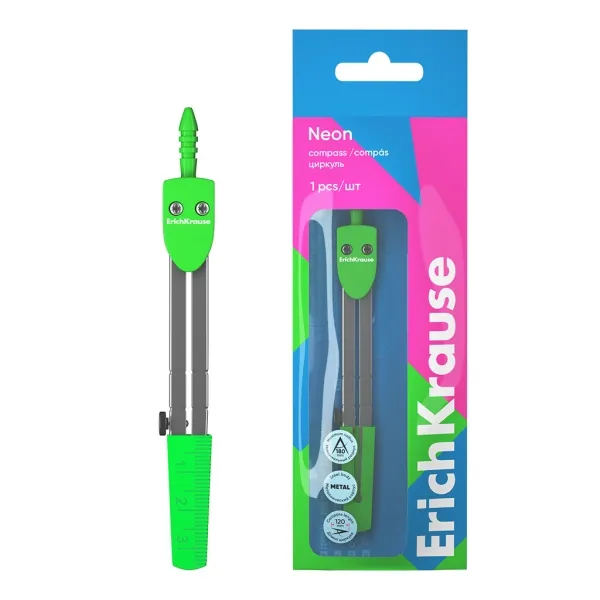 Compasso scolastico ErichKrause Neon - Corpo in metallo - Lunghezza 120 mm - Raggio massimo 180 mm - Sacchetto in polietilene - Verde