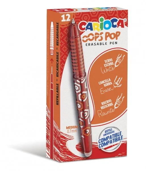 Carioca Oops Penne Cancellabili - Inchiostro Termosensibile - Impugnatura Testurizzata - Punta da 07mm - Doppia Gomma - Ricariche Compatibili - Colore Rosso